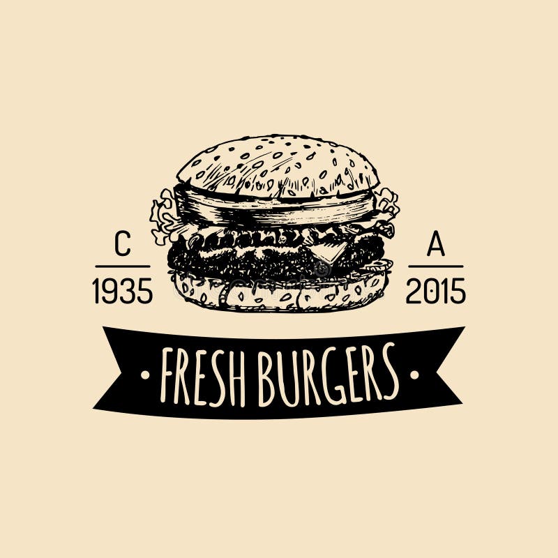 Wektorowy rocznika fasta food logo Retro ręka rysująca hamburger etykietka Modniś kanapki znak Bistro ikona Uliczny knajpa emblem