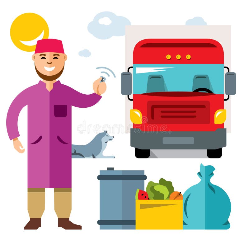 Wektorowy rozładunek ciężarówka Mieszkanie kreskówki stylowa kolorowa ilustracja ilustracji Wektorowy rozładunek ciężarówka Mieszkanie kreskówki stylowa kolorowa ilustracja ilustracji