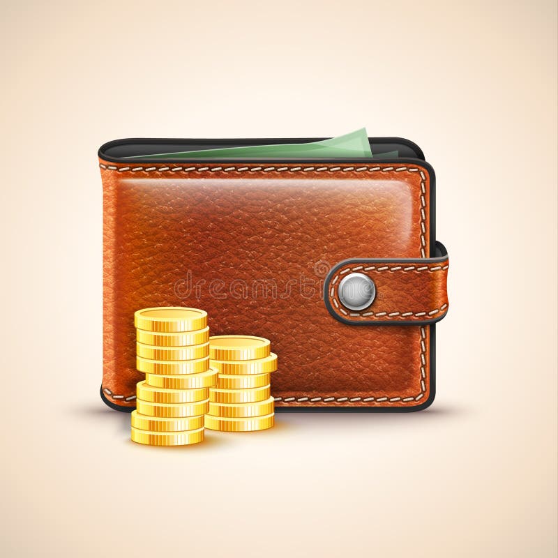 Vector Brown Leather Wallet with Coins. Vector Brown Leather Wallet with Coins