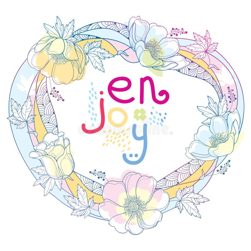 Wektorowy ręka rysunek konturu round wianek z Anemonowym kwiatem, Windflower, pączek lub liść w pastelu, barwił odosobnionego na ilustracji Wektorowy ręka rysunek konturu round wianek z Anemonowym kwiatem, Windflower, pączek lub liść w pastelu, barwił odosobnionego na ilustracji