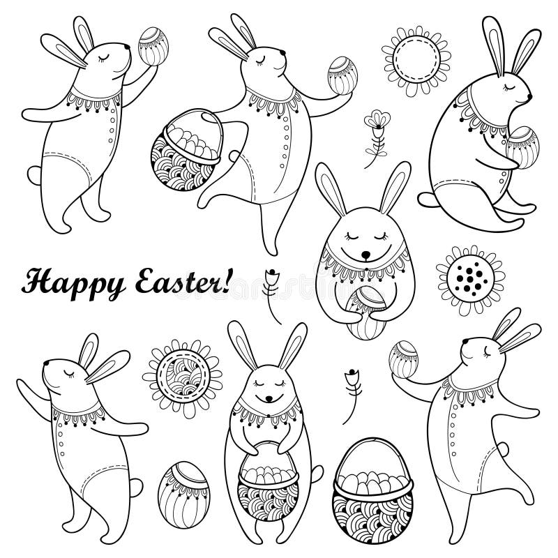 Wektorowy Szczęśliwy Wielkanocny ustawiający z konturu Easter królikiem, jajkiem i koszem odizolowywającymi na białym tle, Kreskó royalty ilustracja Wektorowy Szczęśliwy Wielkanocny ustawiający z konturu Easter królikiem, jajkiem i koszem odizolowywającymi na białym tle, Kreskó royalty ilustracja