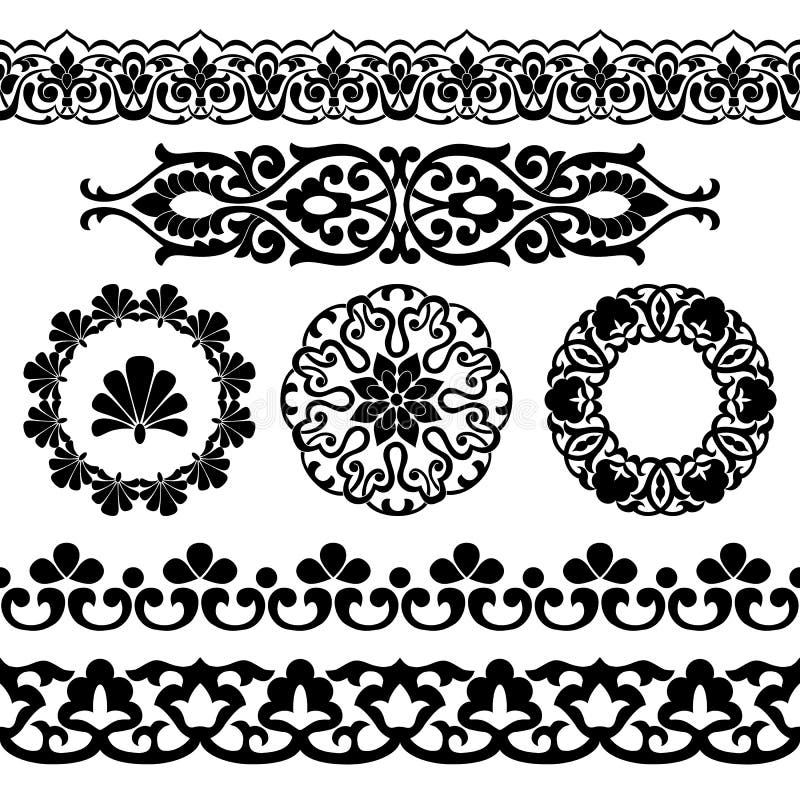 Wektorowy ustawiający Azjatyccy bezszwowi taśmy, round i pojedynczych wzory, w postaci bawełny w uzbeka obywatelu projektuje Czar royalty ilustracja Wektorowy ustawiający Azjatyccy bezszwowi taśmy, round i pojedynczych wzory, w postaci bawełny w uzbeka obywatelu projektuje Czar royalty ilustracja