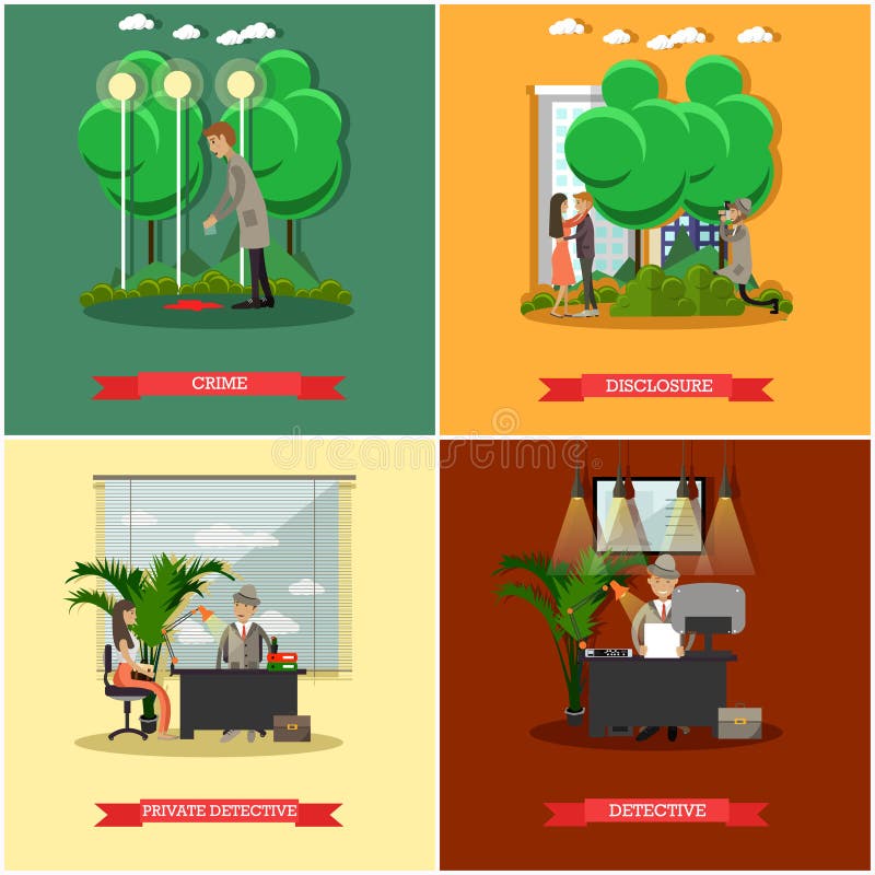 Wektorowy ustawiający detektywistyczni plakaty w mieszkanie stylu ilustracja wektor Wektorowy ustawiający detektywistyczni plakaty w mieszkanie stylu ilustracja wektor