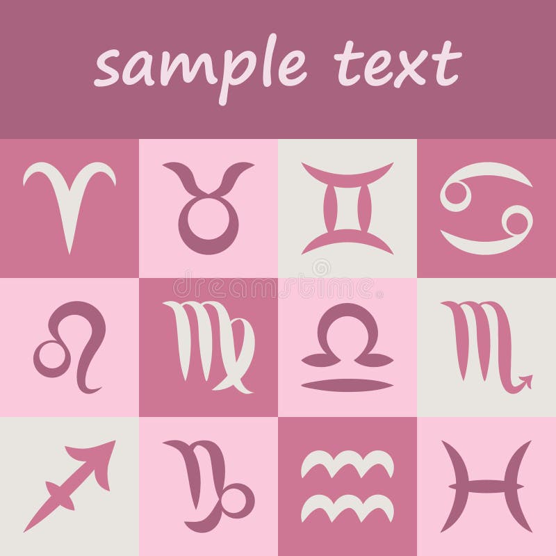 Wektorowy ustawiający dwanaście prostych zodiaków symboli/lów - horoskop podpisuje na starym różowym tle ilustracji Wektorowy ustawiający dwanaście prostych zodiaków symboli/lów - horoskop podpisuje na starym różowym tle ilustracji