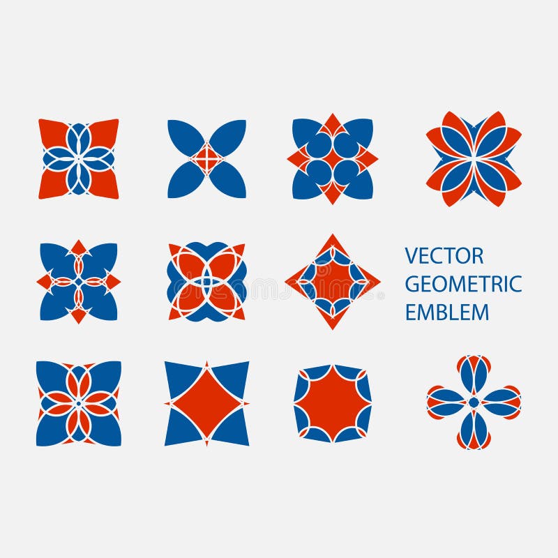 Wektorowy ustawiający geometryczni kształty Round czerwieni i błękita mozaiki ornamentów symbole ilustracja wektor
