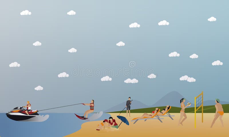 Wektorowy ustawiający lata pojęcia rekreacyjni sztandary w mieszkanie stylu ilustracji Wektorowy ustawiający lata pojęcia rekreacyjni sztandary w mieszkanie stylu ilustracji