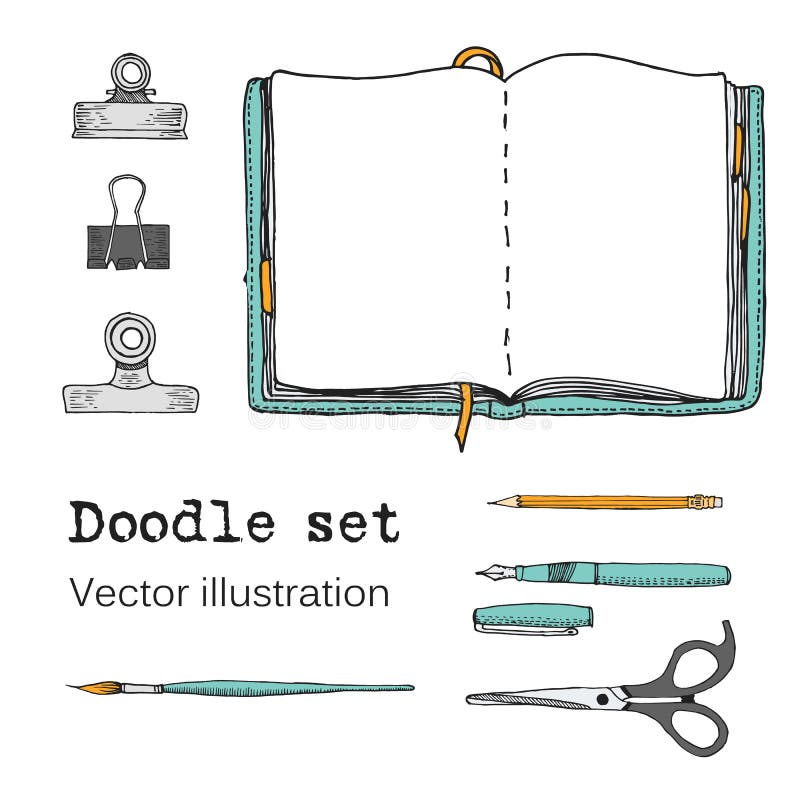 Wektorowy Ustawiający notatniki, Notepads i dzienniczki nakreślenia, Biurowy materiał Doodle materiały, pióro, ołówek, nożyce Kol ilustracja wektor Wektorowy Ustawiający notatniki, Notepads i dzienniczki nakreślenia, Biurowy materiał Doodle materiały, pióro, ołówek, nożyce Kol ilustracja wektor