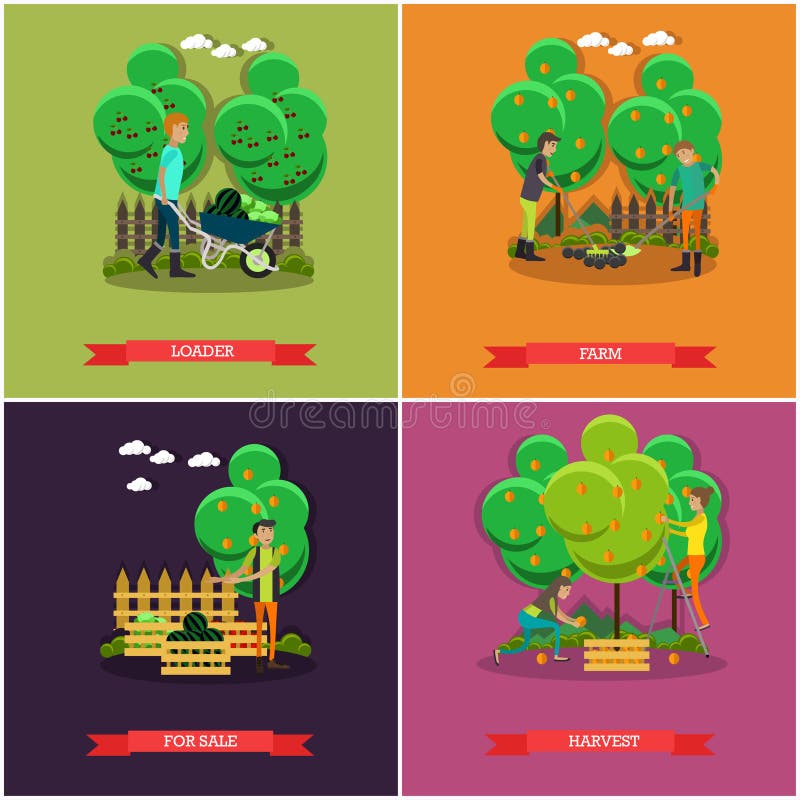 Wektorowy ustawiający ogrodnictwo, uprawiający ziemię pojęcie plakaty, sztandary, płaski projekt ilustracja wektor Wektorowy ustawiający ogrodnictwo, uprawiający ziemię pojęcie plakaty, sztandary, płaski projekt ilustracja wektor