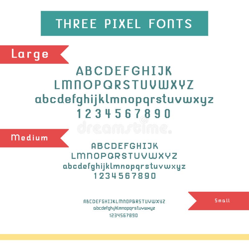 Vector set of three pixel fonts - large, medium and small. Alphabet and numbers isolated on white background Can be used as a pattern for knitting or embroidery. Vector set of three pixel fonts - large, medium and small. Alphabet and numbers isolated on white background Can be used as a pattern for knitting or embroidery