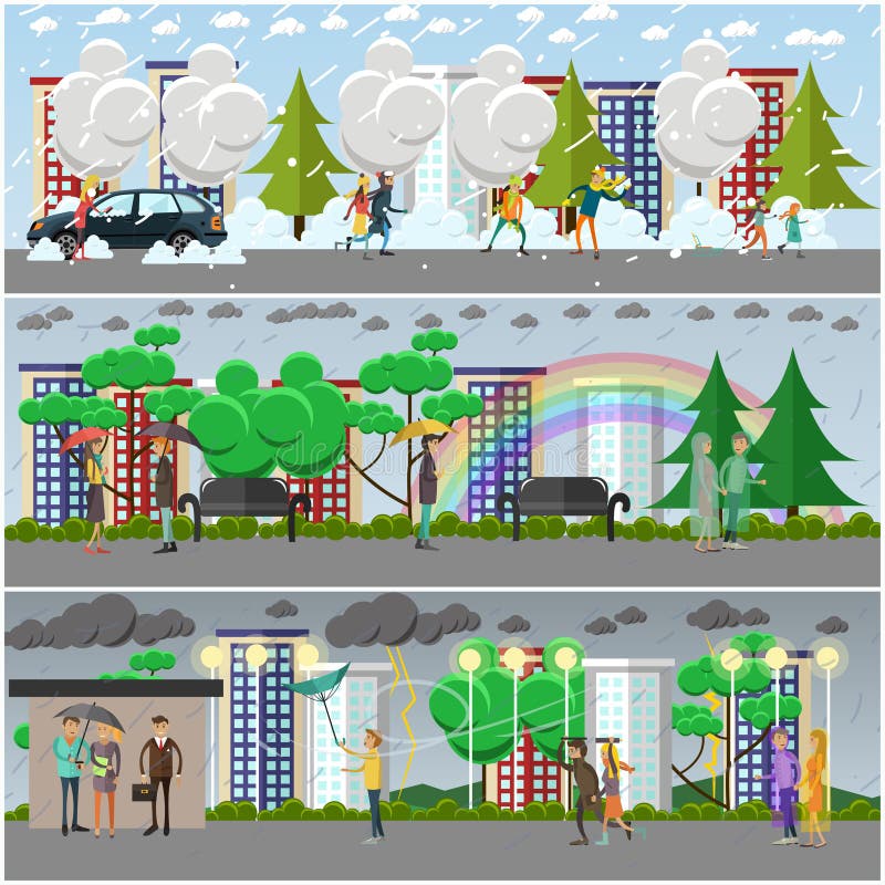 Wektorowy ustawiający pogodowi pojęcie plakaty, sztandary w mieszkaniu projektuje ilustracja wektor Wektorowy ustawiający pogodowi pojęcie plakaty, sztandary w mieszkaniu projektuje ilustracja wektor