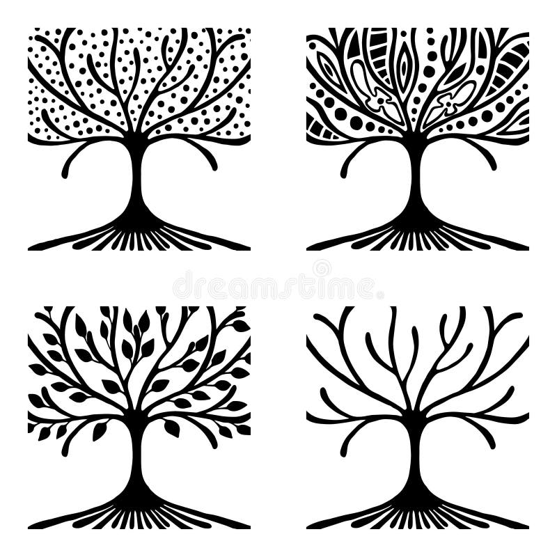 Wektorowy ustawiający ręka rysująca ilustracja, dekoracyjny ornamentacyjny stylizowany drzewo Czarny i biały graficzna ilustracja ilustracji Wektorowy ustawiający ręka rysująca ilustracja, dekoracyjny ornamentacyjny stylizowany drzewo Czarny i biały graficzna ilustracja ilustracji