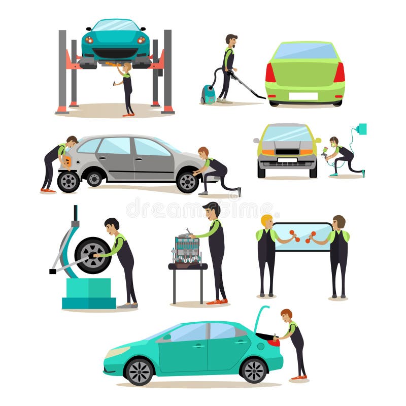 Wektorowy ustawiający samochód usługa, auto remontowego sklepu pracowników ikony ilustracja wektor Wektorowy ustawiający samochód usługa, auto remontowego sklepu pracowników ikony ilustracja wektor