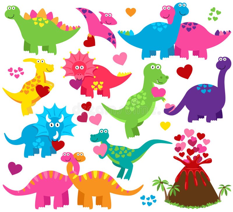 Vector Set of Valentine's Day or Love Themed Dinosaurs with Volcano. Vector Set of Valentine's Day or Love Themed Dinosaurs with Volcano