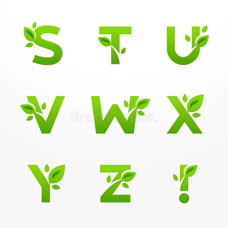 Vector set of green eco letters logo with leaves. Ecological font from S to Z. Vector set of green eco letters logo with leaves. Ecological font from S to Z.