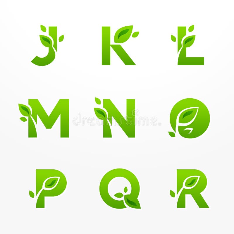 Vector set of green eco letters logo with leaves. Ecological font from J to R. Vector set of green eco letters logo with leaves. Ecological font from J to R.