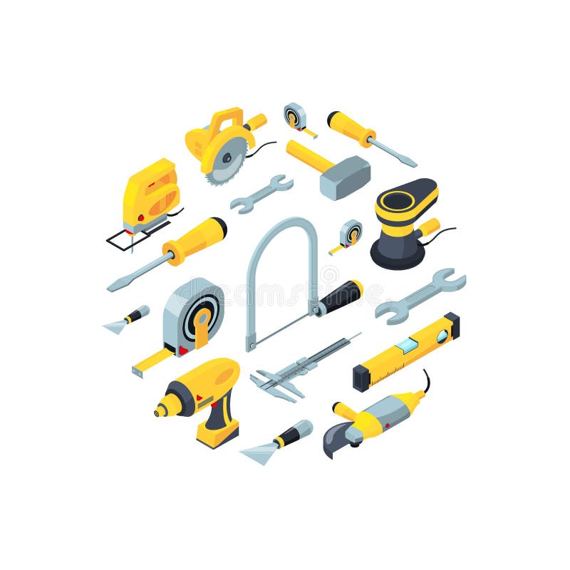 Wektorowych budów narzędzi isometric ikony w okręgu kształtują ilustrację ilustracja wektor Wektorowych budów narzędzi isometric ikony w okręgu kształtują ilustrację ilustracja wektor