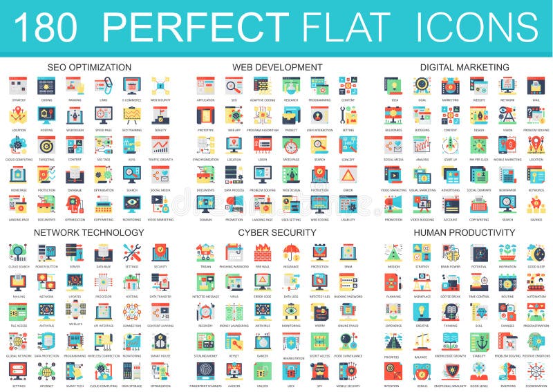 180 wektorowych powikłanych płaskich ikony pojęcia symboli/lów seo optymalizacja, sieć rozwój, cyfrowy marketing, sieć