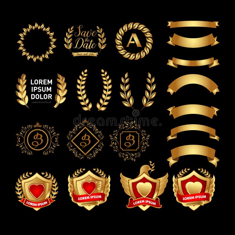 Wektorowych średniowiecznych złotych osłoien wianków laurowi faborki i odznaki inkasowi ilustracja ilustracja wektor Wektorowych średniowiecznych złotych osłoien wianków laurowi faborki i odznaki inkasowi ilustracja ilustracja wektor