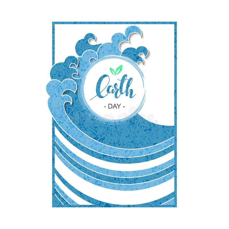 Vector stylish card holiday template with hand drawn words earth day in a square frame with blue waves around. Vector stylish card holiday template with hand drawn words earth day in a square frame with blue waves around