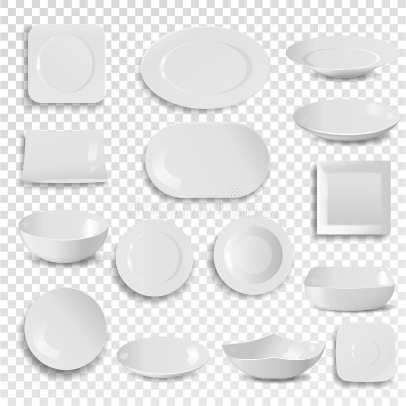Wektoru pucharu i talerza naczynia pusty biały czysty obiadowy naczynie odizolowywający na tło posiłku łomota dishware plateful o ilustracji