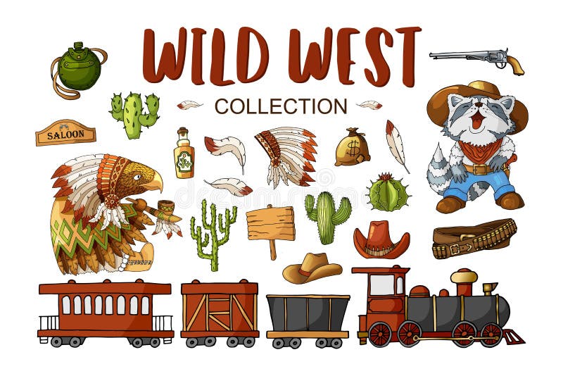 Wektoru Ustalony kowboj, Dzikie Zachodnie etykietki i majcher?w elementy w kresk?wka stylu ilustracji Wektoru Ustalony kowboj, Dzikie Zachodnie etykietki i majcher?w elementy w kresk?wka stylu ilustracji