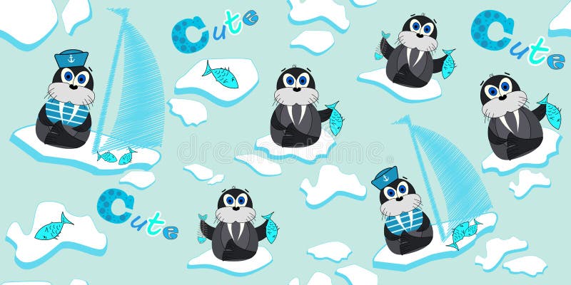 Wektoru wzór z morsami które unoszą się na lodowym floe i łowią Ilustracja kreskówka lód Druki dla dziecka ` s odzieży royalty ilustracja Wektoru wzór z morsami które unoszą się na lodowym floe i łowią Ilustracja kreskówka lód Druki dla dziecka ` s odzieży royalty ilustracja