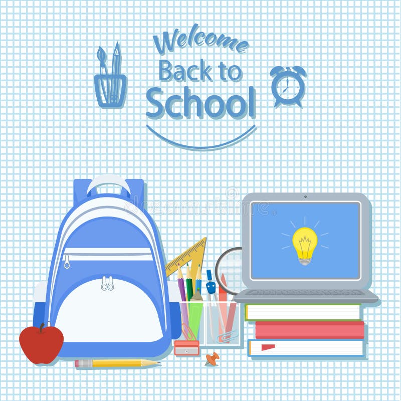 Welcome back to school. Creativity and science concept background. Knapsack, books, apple, pencil, dividers, marker, open laptop with icon idea.