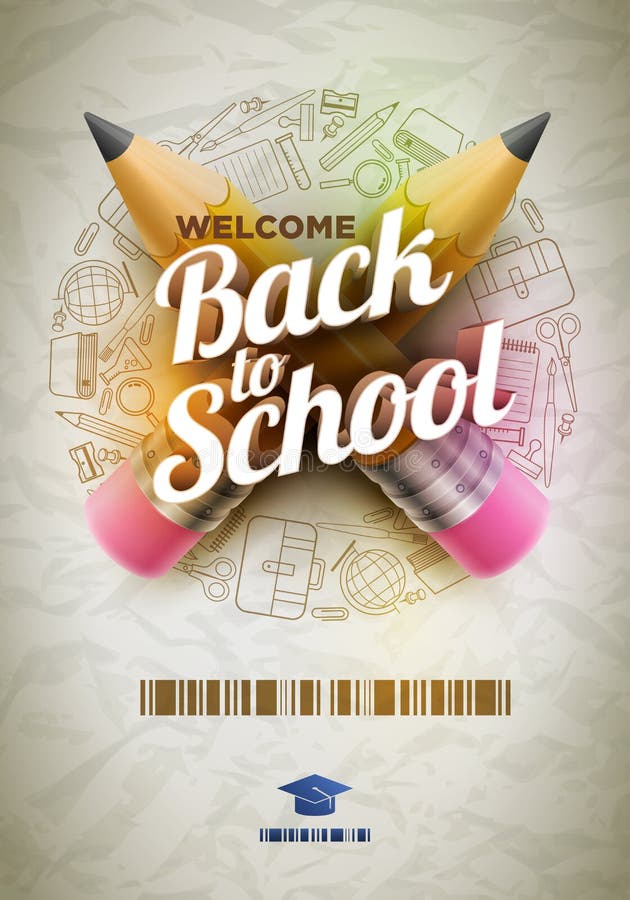 httpsstock illustration welcome back to school poster high detailed vector design template wrinkled paper supplies icons red sharp wooden pencil d image74759649