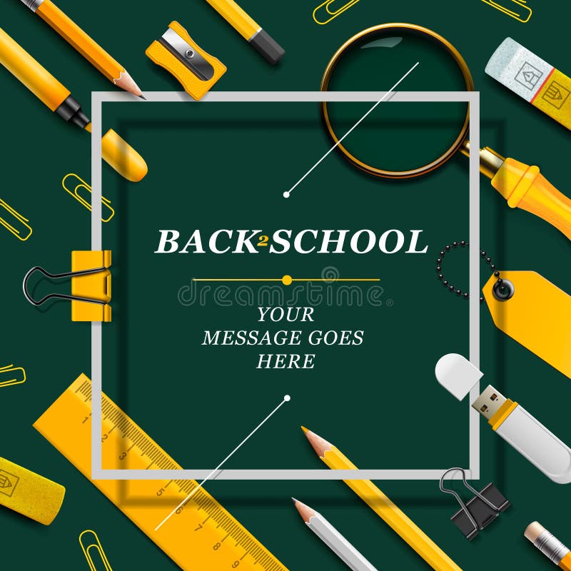 Welcome Back to school template with schools supplies, green and yellow colors, vector illustration.