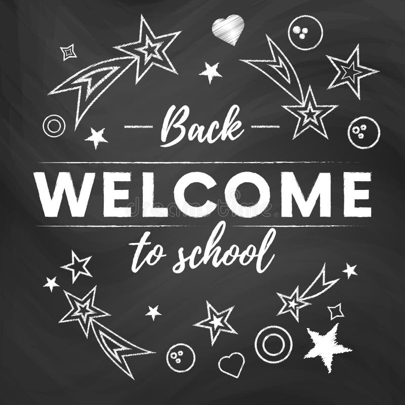 Welcome Back To School Text Banner In Blackboard Background With White Stars And Signs Vector Stock Illustration Illustration Of Book Pattern