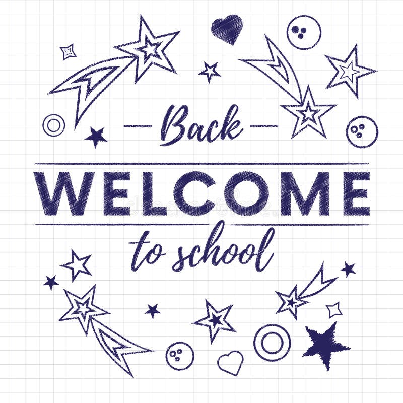 Welcome back to school text banner in white paper background with stars and signs.Vector. stock illustration Welcome back to school text banner in white paper background with stars and signs.Vector. stock illustration