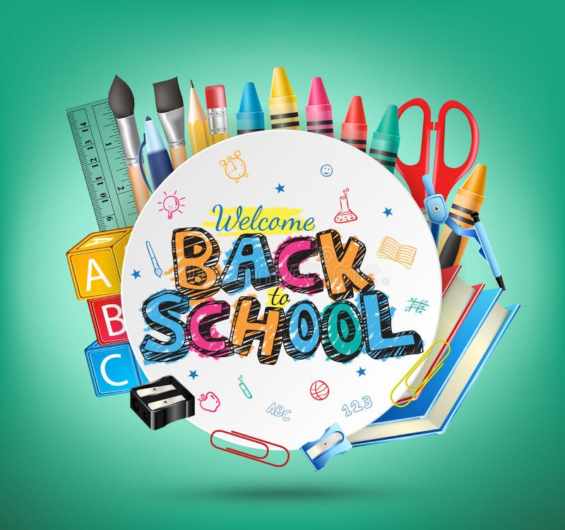 Welcome Back to School Text and School Items in Green Background. Vector Illustration