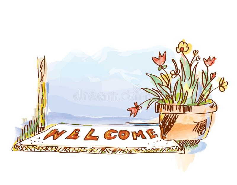 Welcome banner with door and flowers - sketchy style graphic illustration