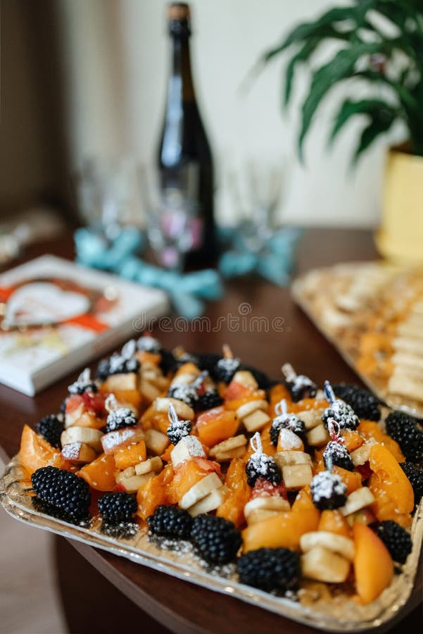 Welcome Buffet with Alcohol and Snacks, Sandwiches Stock Image - Image