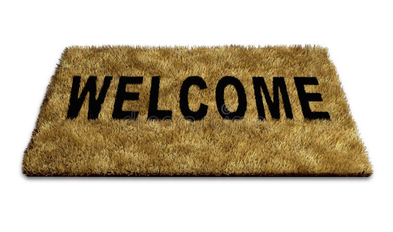 Welcome mat carpet isolated on white representing the concept of welcoming new ideas and people to a home or business and also symbolising the concept of open doors policy towards creative thinking.