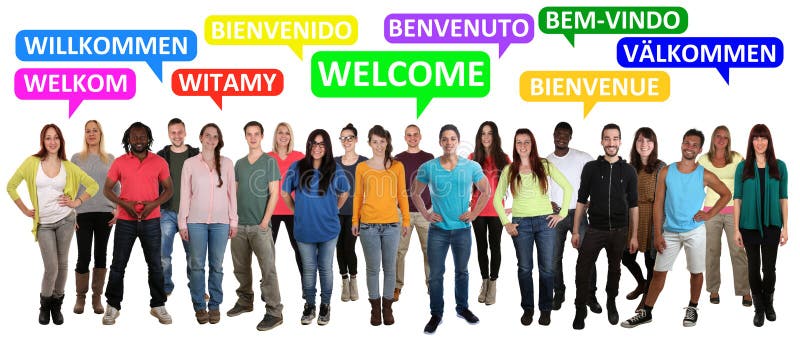 Welcome multi ethnic group of smiling young people saying refuge. Es in different languages stock photo