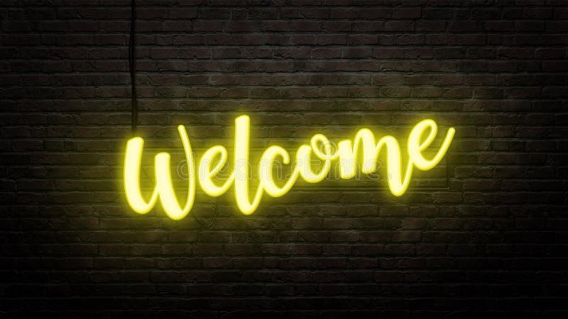 Welcome Neon Sign Emblem in Neon Style on Brick Wall Background Stock ...