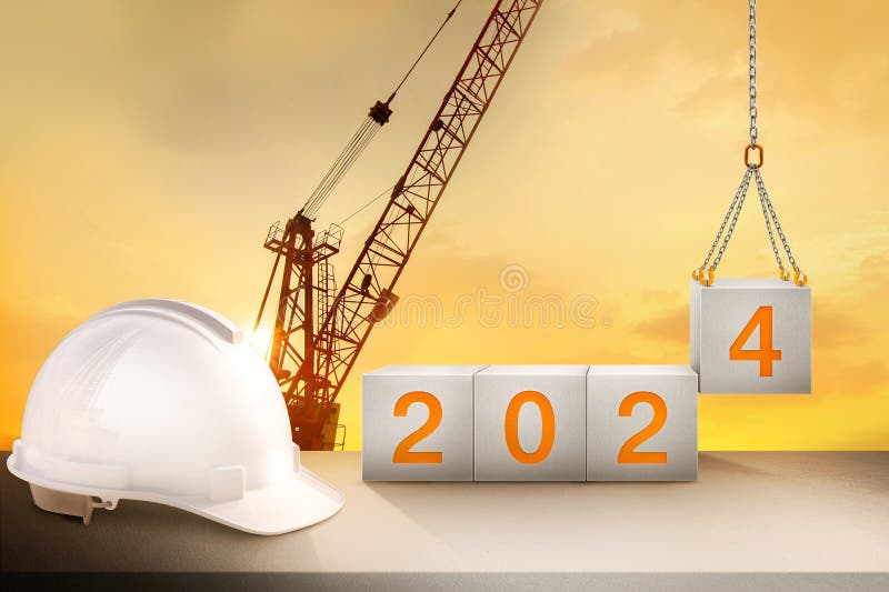 Welcome New Year Party Construction Engineer Working Table Silhouette Construction Crane Golden Sky Preparation 290118991 