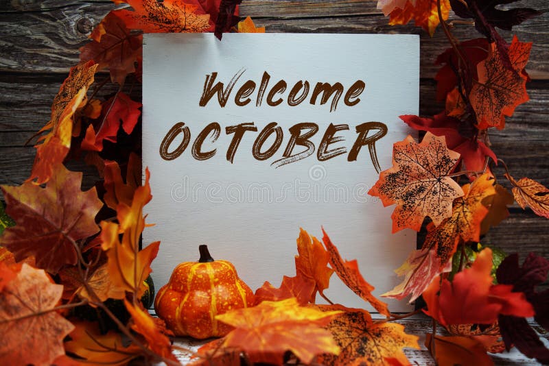 October Text Message with Autumn Maple Leaves and Pumpkins on