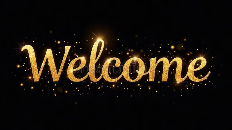Welcome sign with golden letters and sparkling background in festive setting stock photos
