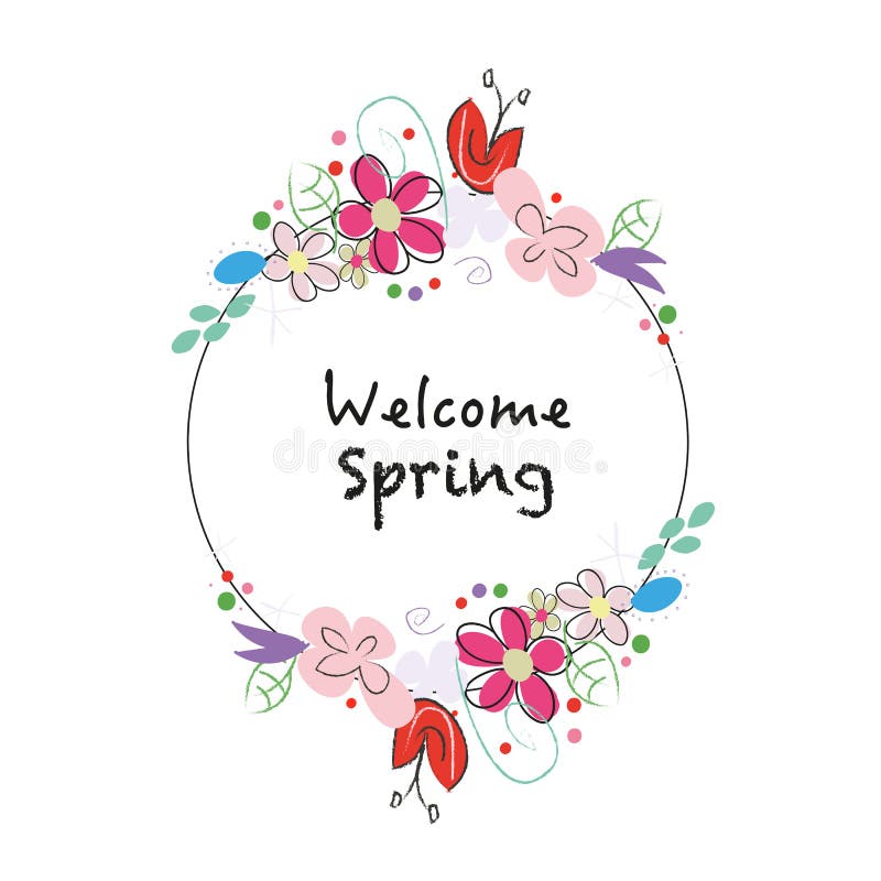 ``Welcome spring`` text chalkboard style wreath with abstract spring flowers stock illustration ``Welcome spring`` text chalkboard style wreath with abstract spring flowers stock illustration