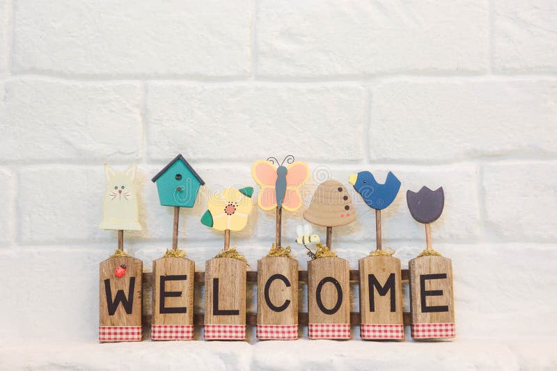 Welcome text on the wall background and copy space stock photo
