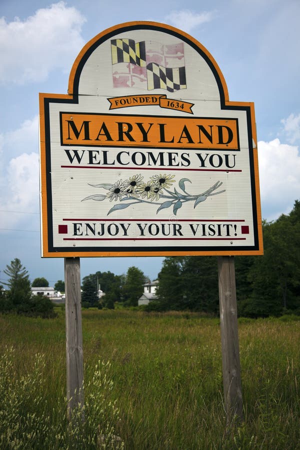To Maryland State in USA Sign on Wood, Travell Theme Stock