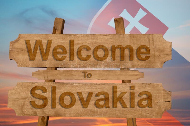 Welcome to Slovakia sign on wood background with blending national flag