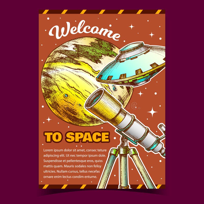 Welcome To Space Cosmos Advertising Banner Vector. Astronomer Equipment Telescope For Explore And Observe Galaxy, PLanet And Ufo. Discovery Optical Device stock illustration Welcome To Space Cosmos Advertising Banner Vector. Astronomer Equipment Telescope For Explore And Observe Galaxy, PLanet And Ufo. Discovery Optical Device stock illustration
