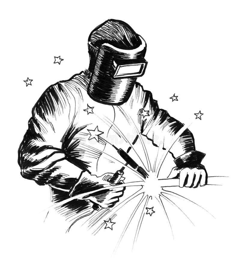 Ink black and white drawing of a welder stock illustration.