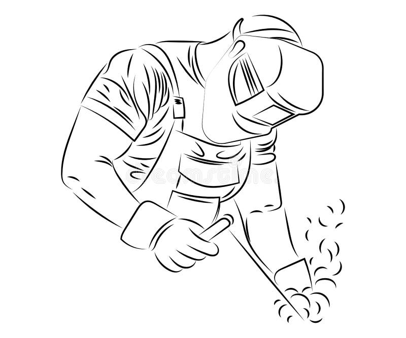 Black and white illustration of a welder in work clothes. 