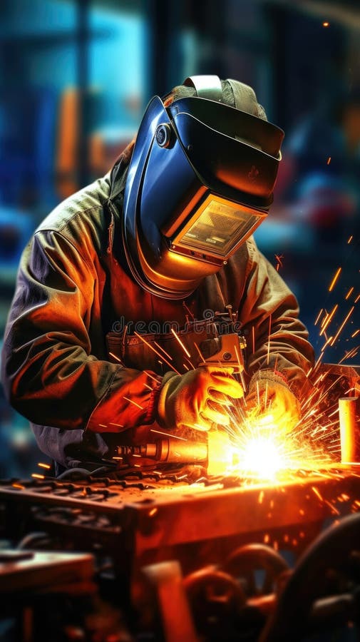 Welder working in a factory with sparks vector illustration