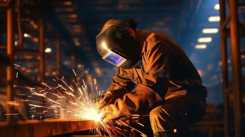 A welder working on a piece of metal stock illustration