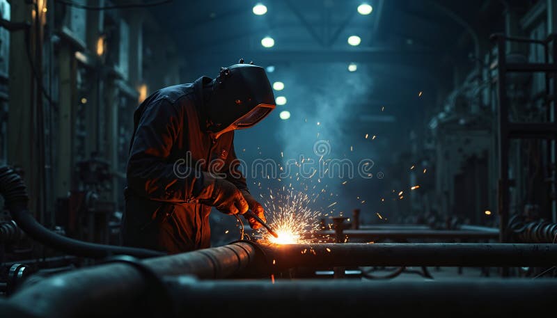 Welder working on pipe in industrial setting stock illustration